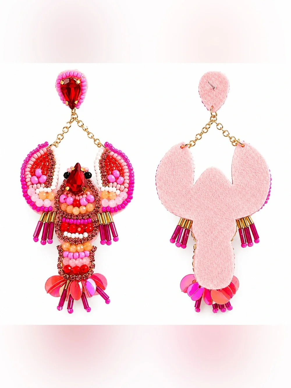 Pink Beaded Lobster Drop Earrings